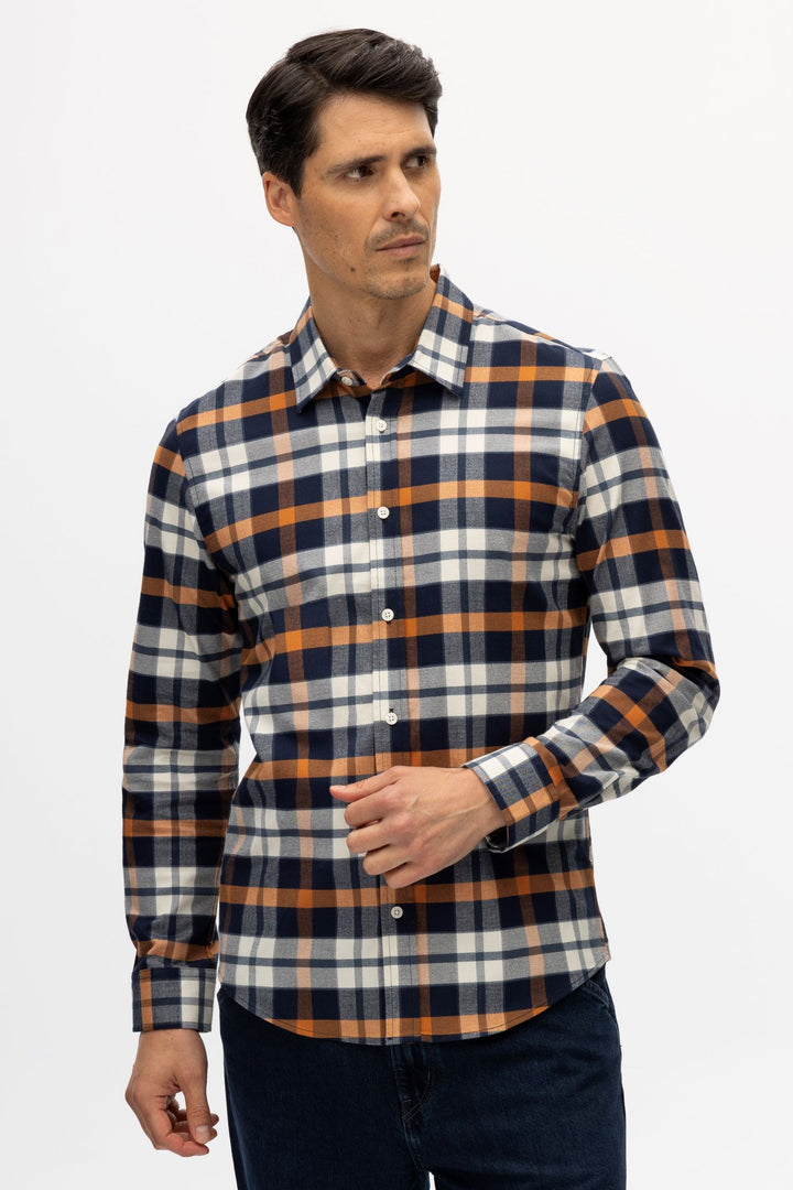 Ryan Navy/Orange Brushed Flannel Plaid Shirt