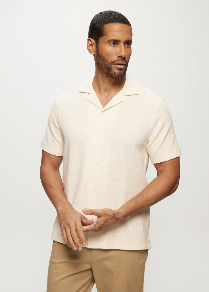 SS Textured Knit Camp Collar Shirt in Ivory