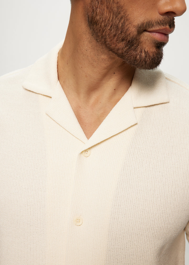 SS Textured Knit Camp Collar Shirt in Ivory