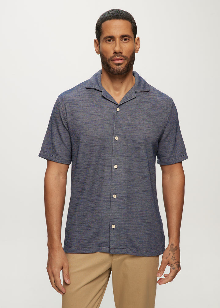 SS Heathered Slub Camp Collar Shirt in Navy Mix