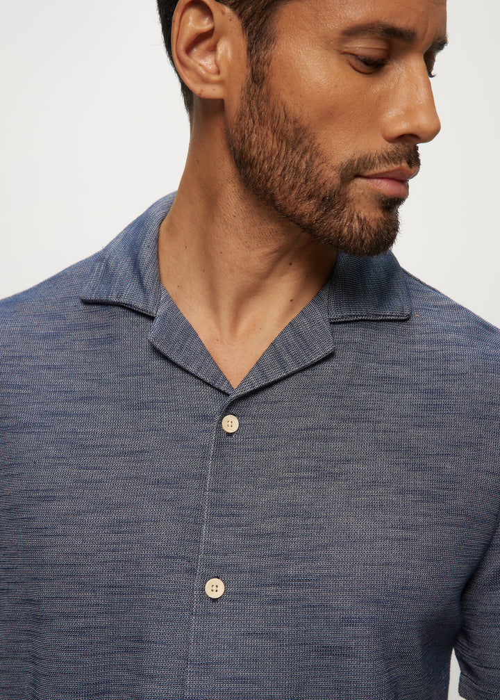 SS Heathered Slub Camp Collar Shirt in Navy Mix