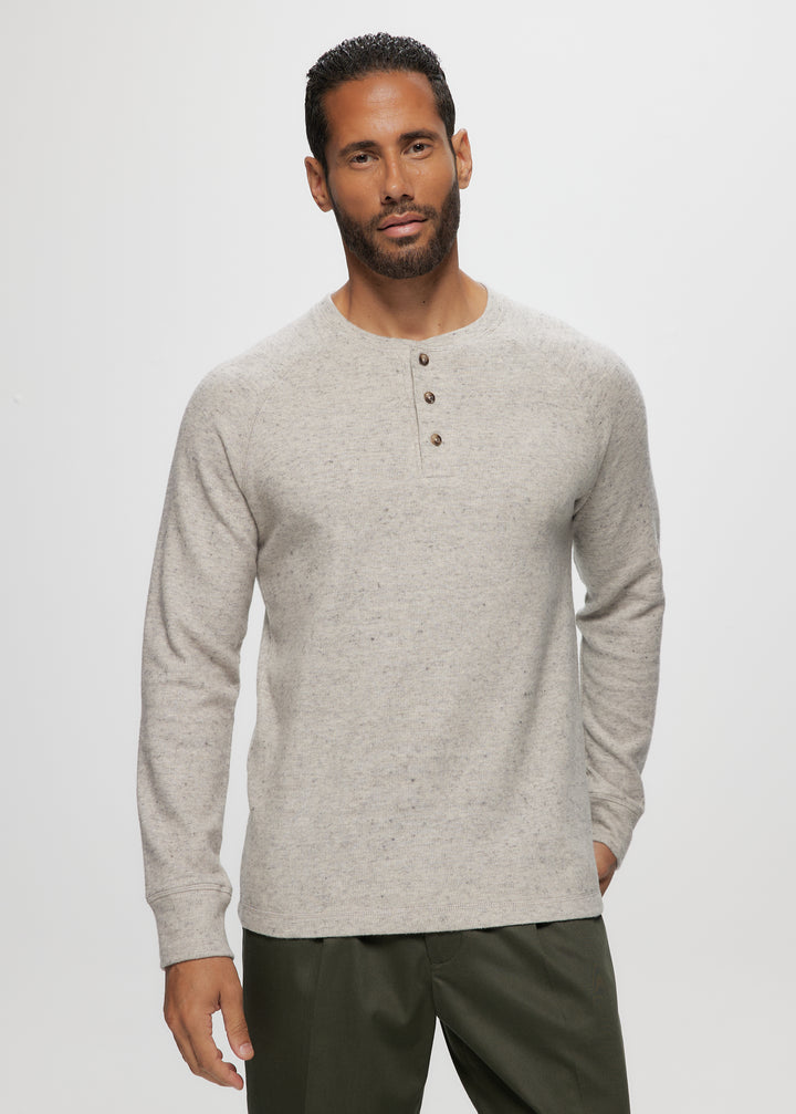 LS Heathered Brushed Raglan Henley in Oatmeal