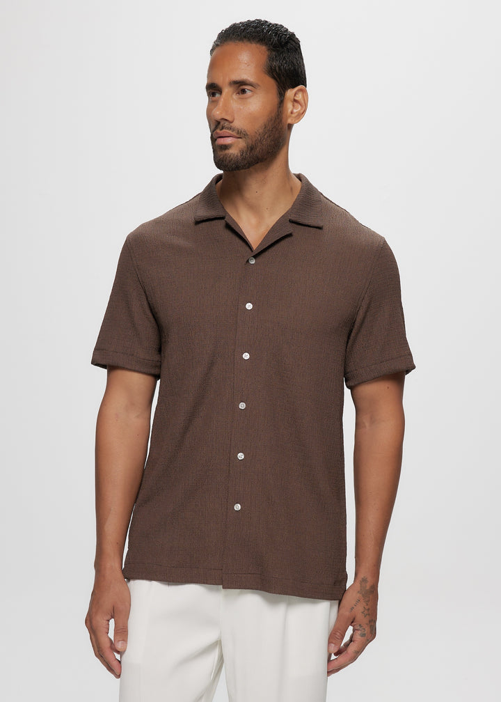 SS Crinkled Knit Camp Shirt in Chocolate