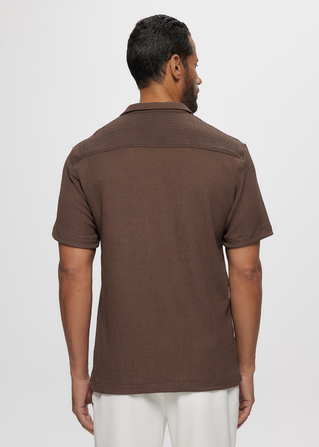 SS Crinkled Knit Camp Shirt in Chocolate