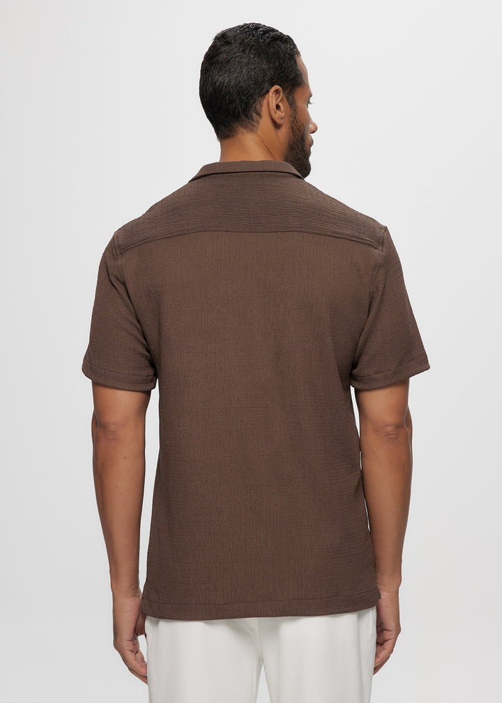 SS Crinkled Knit Camp Shirt in Chocolate
