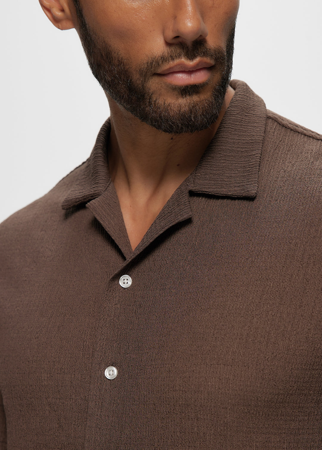 SS Crinkled Knit Camp Shirt in Chocolate