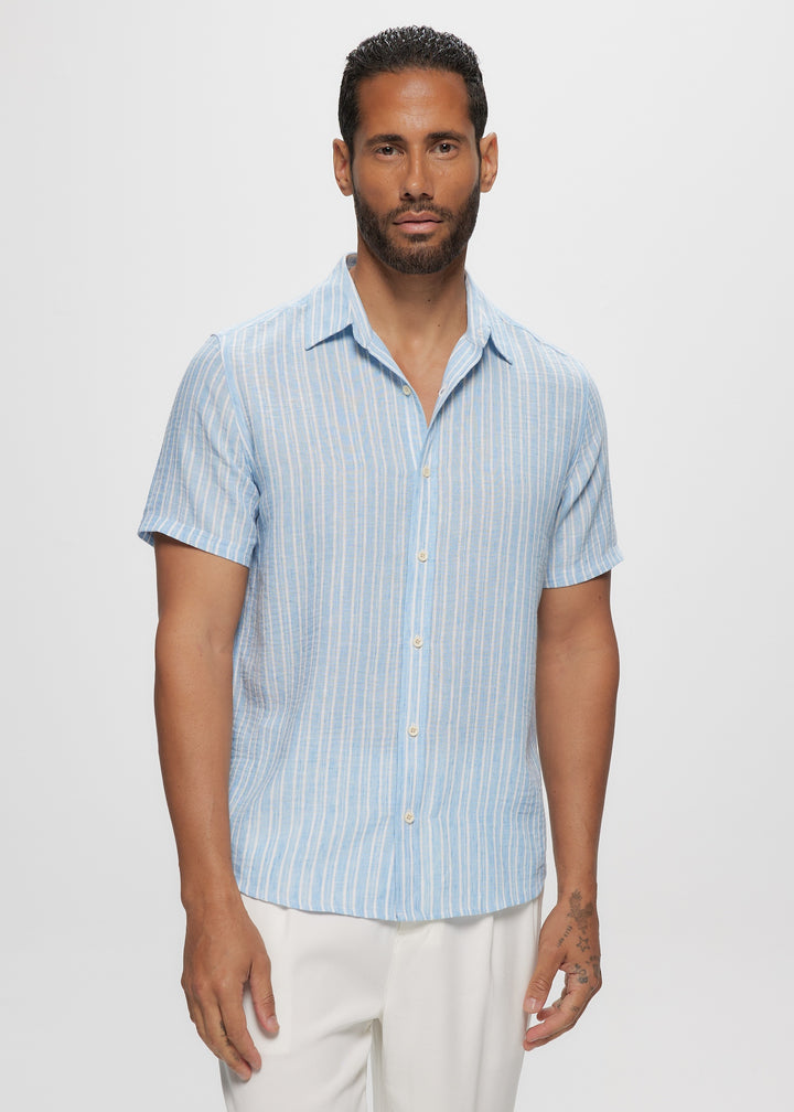 SS Faux Linen Blue Stripe Shirt