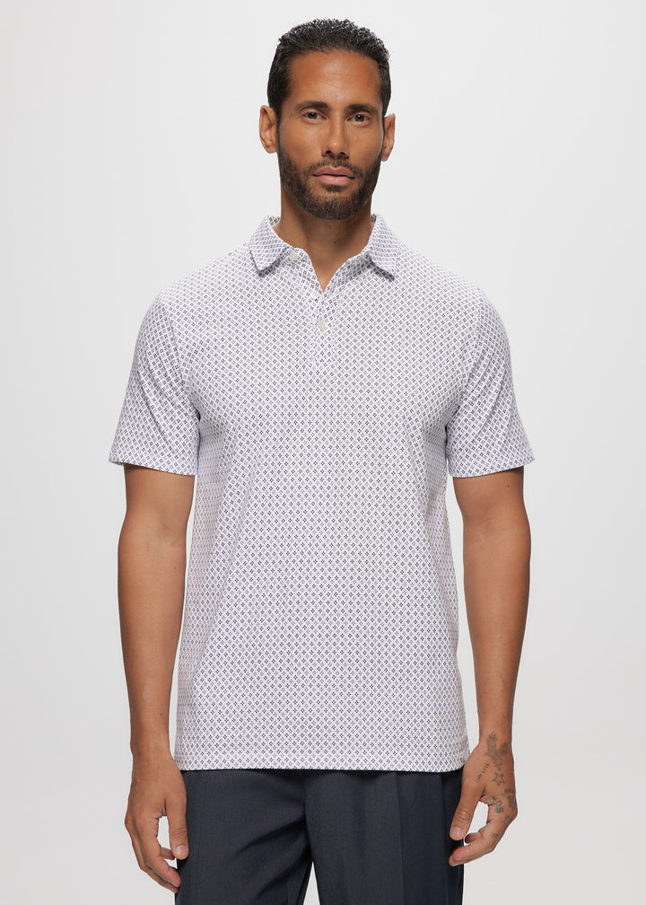SS White Geo Cotton Knit Jersey Polo Top