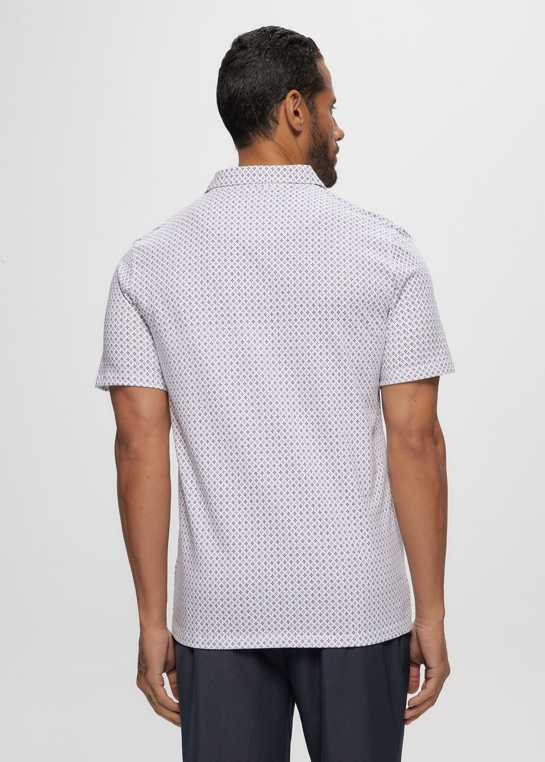 SS White Geo Cotton Knit Jersey Polo Top