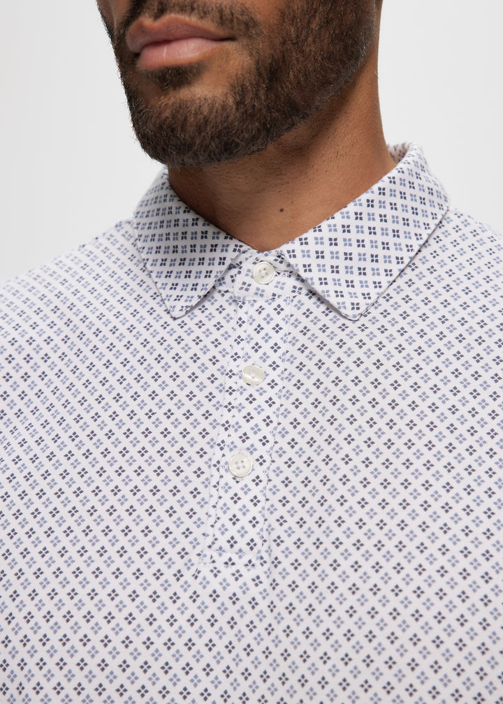 SS White Geo Cotton Knit Jersey Polo Top