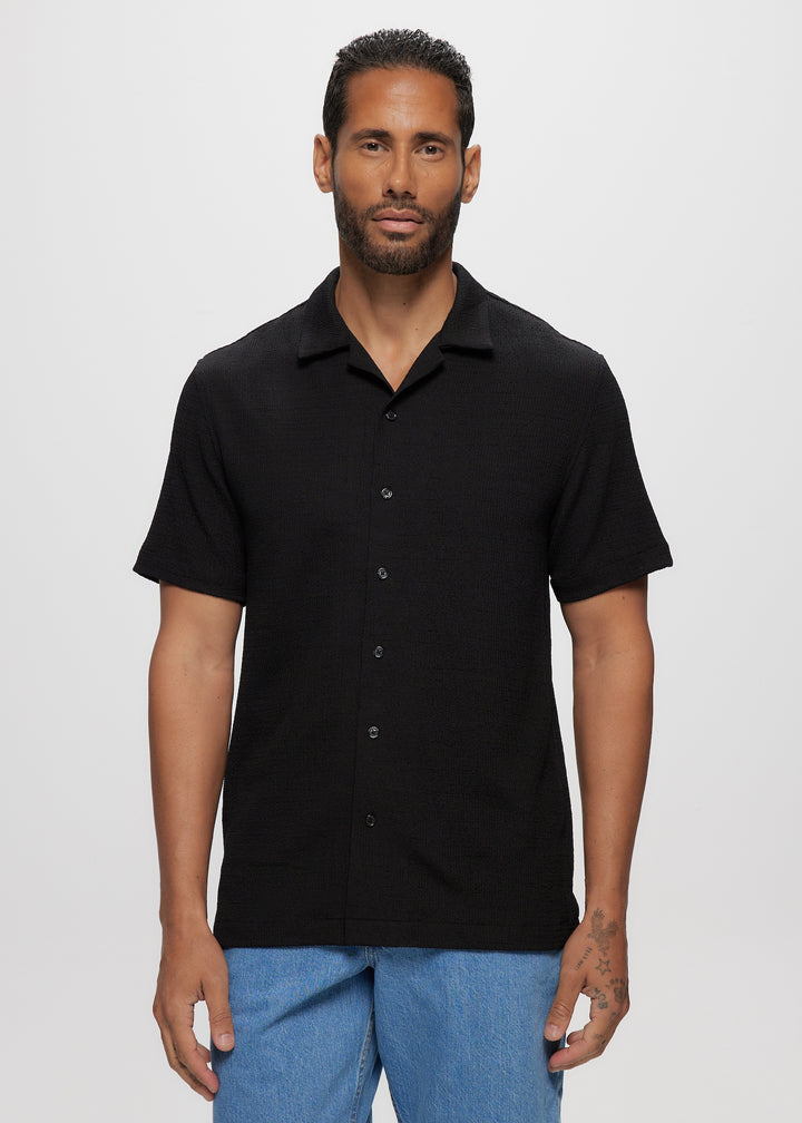 SS Crinkled Knit Camp Shirt in Black