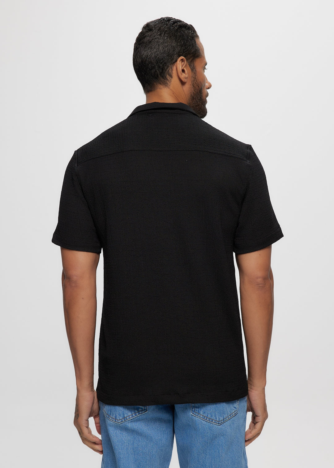 SS Crinkled Knit Camp Shirt in Black