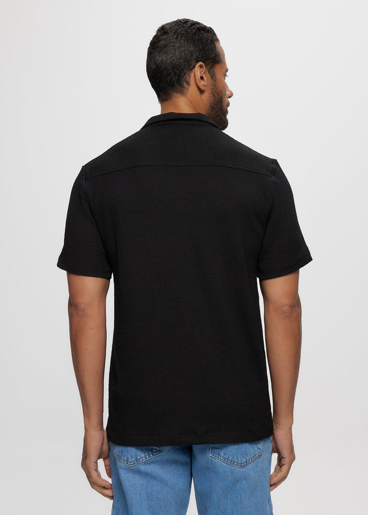 SS Crinkled Knit Camp Shirt in Black