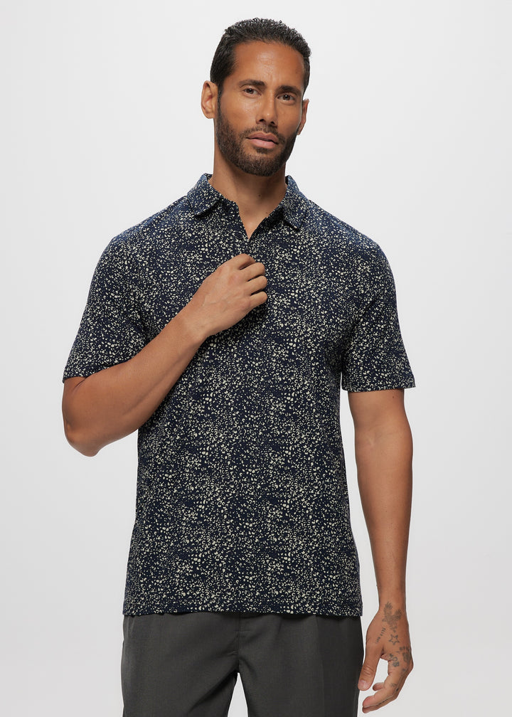 SS Navy Abstract Cotton Knit Jersey Polo Top
