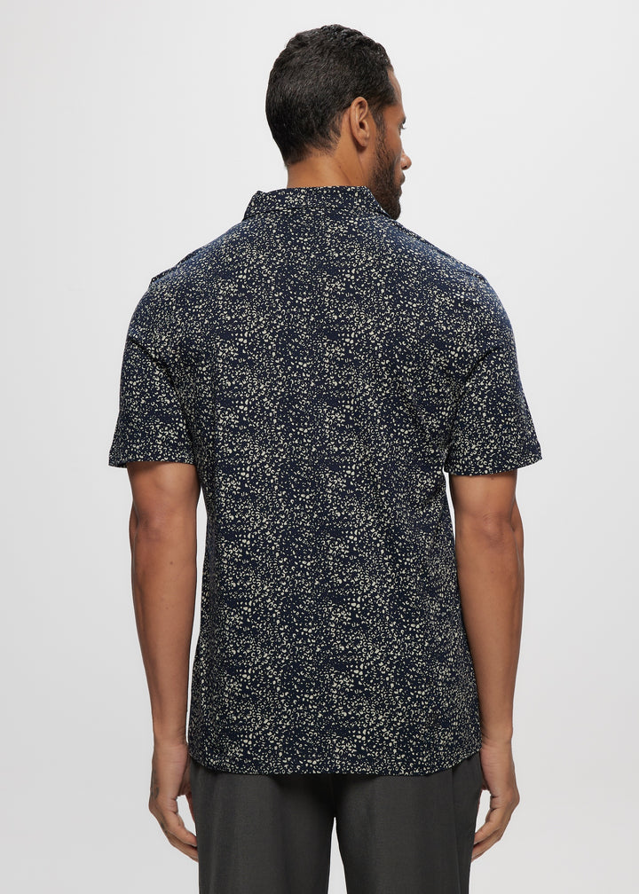 SS Navy Abstract Cotton Knit Jersey Polo Top