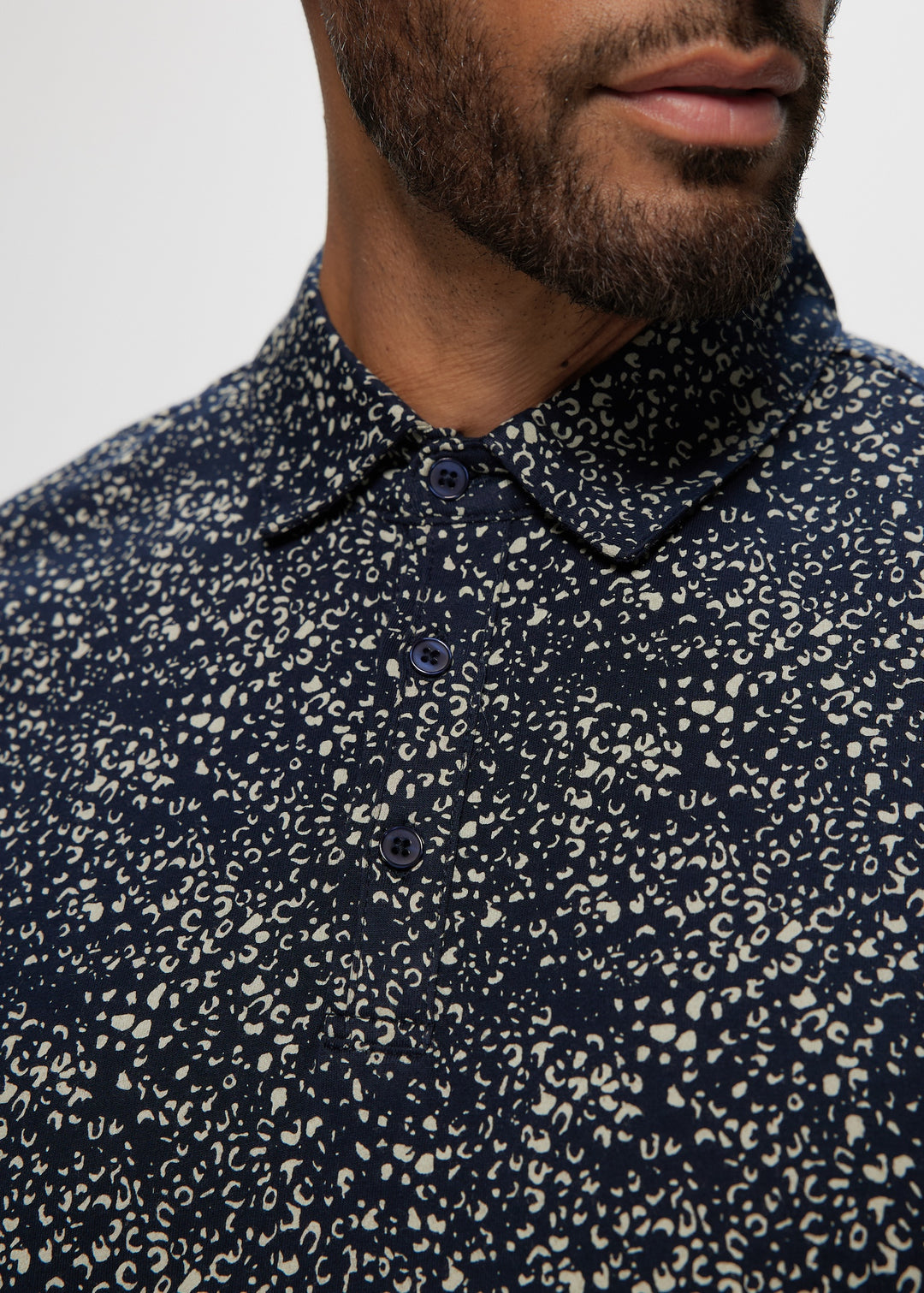 SS Navy Abstract Cotton Knit Jersey Polo Top