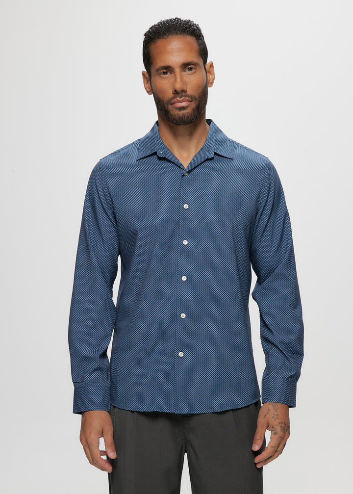 LS Soft Touch Navy Geo AOP Stretch Shirt in Navy