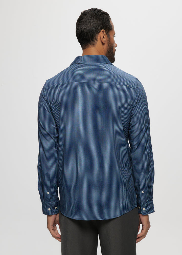 LS Soft Touch Navy Geo AOP Stretch Shirt in Navy