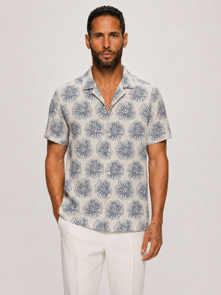 SS Jacquard Navy Chambray Floral Camp Shirt